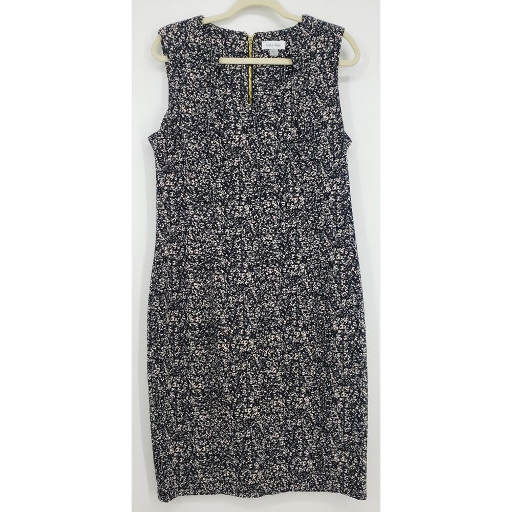 Calvin Klein Sheath Dress 14 Abstract Textured Knit Fitted Work Career Black Tan